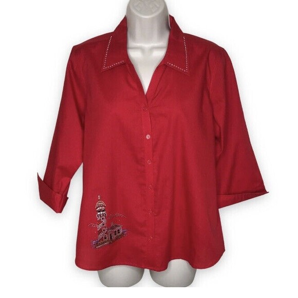 NWT Las Olas Crisp Red Lighthouse Rhinestone Collar 3/4 Sleeve Blouse Small - Picture 1 of 13